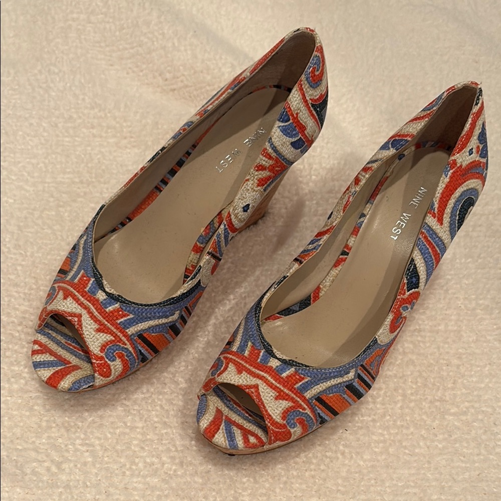 Nine West Orange and Blue Wedges 6.5